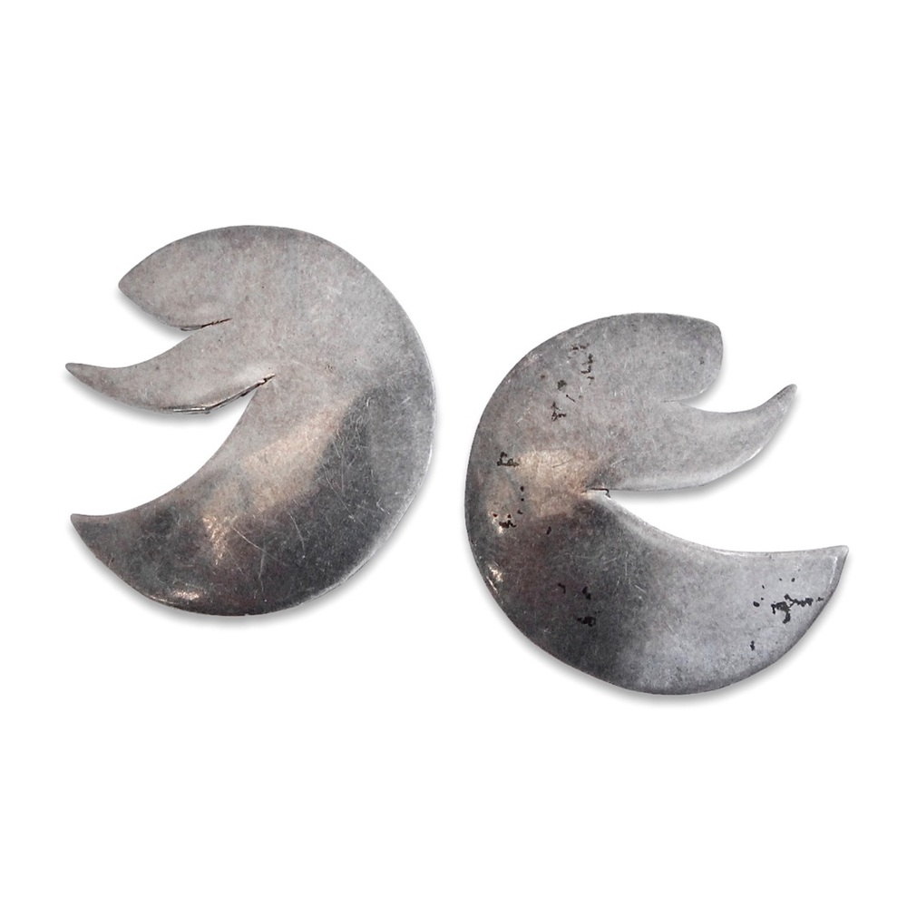 Vintage Sterling Silver Stud Earrings Abstract Modernist Large Crescent Studs